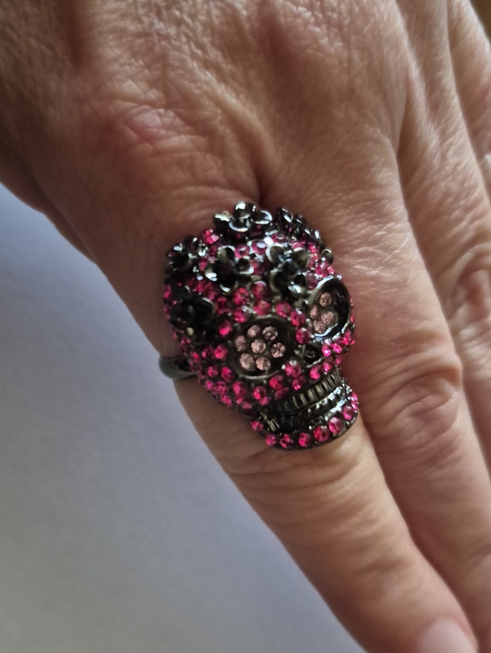 torrid Pink Crystal Skull Ring with Black Metal Floral Accents